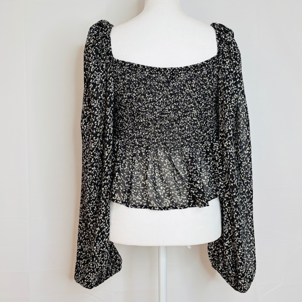 Papaya Black Floral Smocked Top Cottagecore Square Neck Peplumโ Fairy Y2K Large